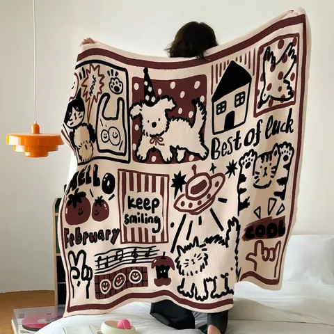 Vintage Cat Doodle Flannel Blanket Soft Warm Fleece Throw For Dormitory Bedroom Bed Office Nap Printed Travel Blanket
