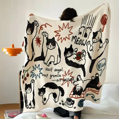 Vintage Cat Doodle Flannel Blanket Soft Warm Fleece Throw For Dormitory Bedroom Bed Office Nap Printed Travel Blanket