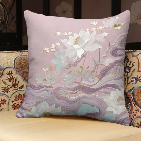 Elegant Chinese Style Lotus Print Plush Throw Pillow Sofa Cushion Traditional Floral Home Decor Lotus Pink Square Cover