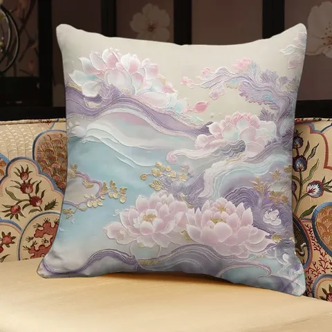 Elegant Chinese Style Lotus Print Plush Throw Pillow Sofa Cushion Traditional Floral Home Decor Lotus Pink Square Cover