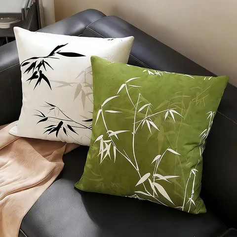 Neues chinesisches Bambusschatten Zierkissen Elegant Tuschmalerei Plüsch Quadrat Kissenbezug Für Sofa Wohnzimmer Deko