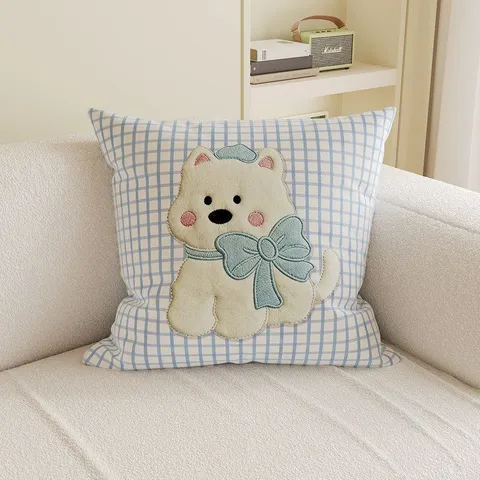 Cream Style Plaid Dog Embroidered Cushion Soft Plush Throw Pillow For Sofa Bedroom Office Chair Decorative Support Pillow With PP Cotton Filling