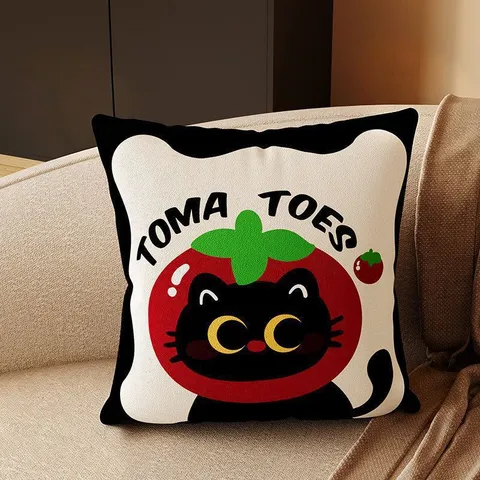 Mignon Coussin en Peluche de Dessin Animé Doux Carré Décoratif pour Canapé Salon Voiture Lit Bureau Taie d'Oreiller Imprimée Motif Chat Fruit