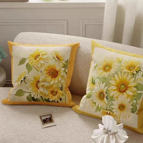 Sunflower 3D Oil Painting Print Plush Decorative Throw Pillow Case Square Cushion Cover For Sofa Living Room Bedroom Washable