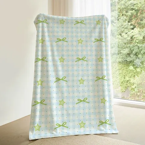 Suave Manta de Franela con Estrellas y Lazos Estampado de Cuadros para Sofá Dormitorio Manta Decorativa para Sala de Estar