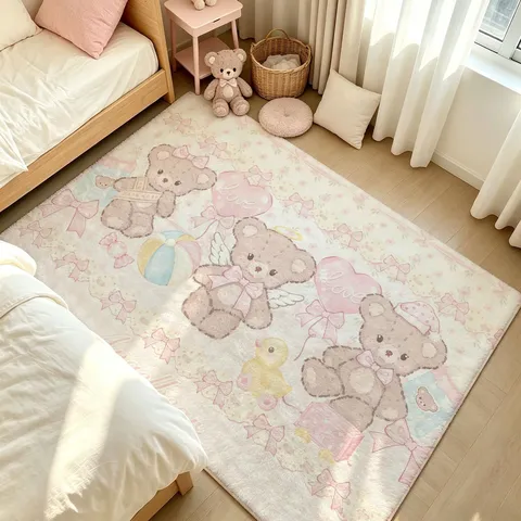 Vintage Gentle Little Bear Faux Cashmere Carpet Cute Cartoon Animal Printed Non-Slip Bedroom Bedside Rug Living Room Coffee Table Mat