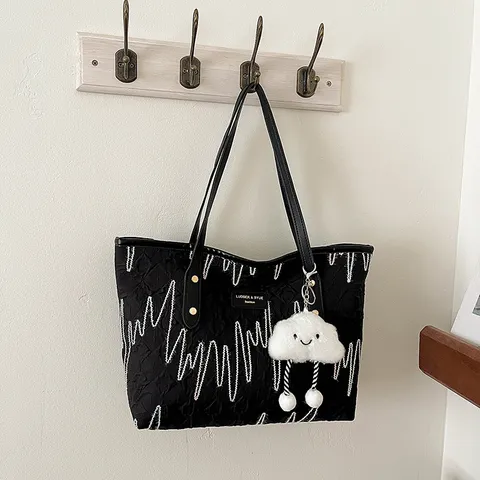 Bolso Tote de Cuero PU para Mujer Gran Capacidad Con Colgante de Nube Bolso de Hombro con Bordado de Ondas Bolso de Mano Versátil para Viaje