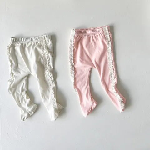 Infant Baby Girls Cute Lace Trim Footed Leggings Soft Cotton Toddler Casual Elastic Waist Long Pants