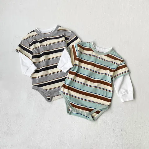 Tutina Primaverile per Neonati Unisex Manica Lunga Cotone Rigato Falso Due Pezzi Bodysuit Abbigliamento Quotidiano