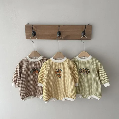 Infant Baby Cotton Long Sleeve Romper Spring Fall Cute Plaid Print Newborn Baby Triangle Romper Baby Clothes