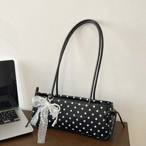 Bolso de Axila de Lunares para Mujer Cuero de PU Minimalista Bolso de Hombro Con Lazo de Perla de Encaje Lindo Bolso Urbano