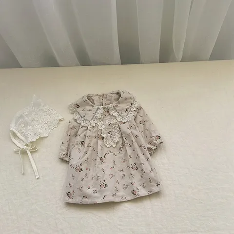 Baby Girls Long Sleeve Floral Dress Infant Toddler Sweet Turn-down Collar A-Line Princess Dress Cute Fall Children Clothing