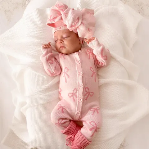 Baby Girls Autumn Winter Knitted Romper Cotton Long Sleeve Bowknot Bodysuit Infant One-Piece Jumpsuit