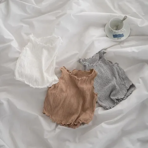 Bebé Niñas Verano Casual Color Sólido Volantes Ondeados Chaleco Cami Infante Sin Mangas Algodón Arrugado Camiseta Sin Mangas Ropa Niños