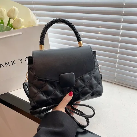Damen Casual Gesteppte PU Leder Umhängetasche Einfarbig Klappe Crossbody Handtasche Mit Geflochtenem Griff Modische Alltagstasche