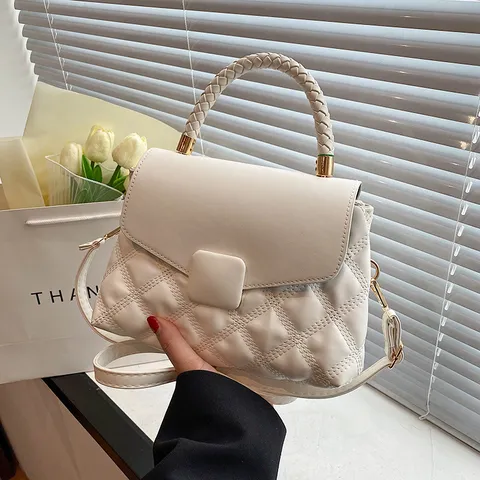 Damen Casual Gesteppte PU Leder Umhängetasche Einfarbig Klappe Crossbody Handtasche Mit Geflochtenem Griff Modische Alltagstasche