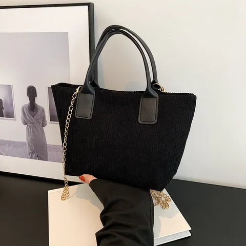 Damen Kord Tragetasche Vintage Casual Umhängetasche Große Kapazität Pendler Handtasche Mit Kettengurt