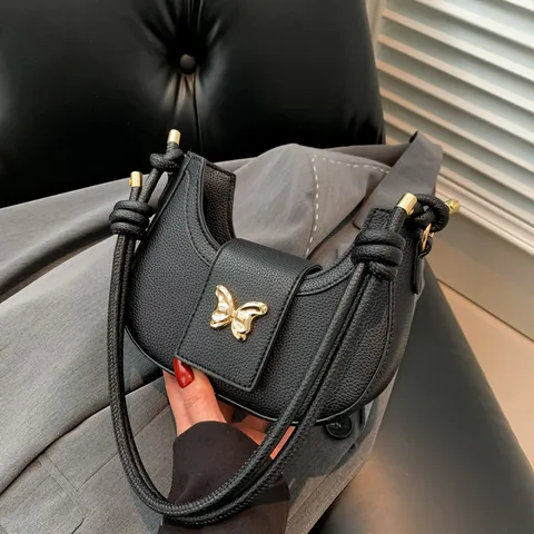 Damen Kleine PU Leder Achseltasche Hobo Bag Einfarbig Halbmond Umhängetasche Mit Schmetterling Metall Schnalle Retro Tasche