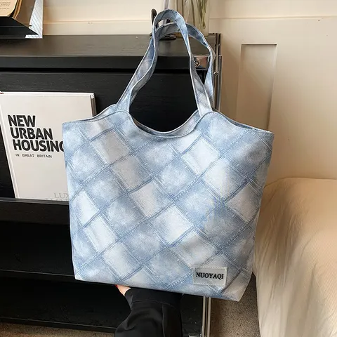 Damen Große Kapazität Nylon Tote Bag Casual Kontrast Karo Umhängetasche Mode Pendler Handtasche