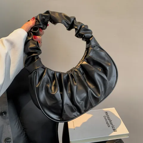 Damen Mode PU Leder Plissierte Achseltasche Retro Lässige Einfarbige Teigtasche Handtasche Tägliche Umhängetasche