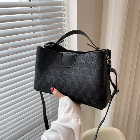 Damen Mode PU Leder Henkeltasche Umhängetasche Retro Geometrisch Geprägt Shopper