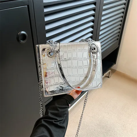 Damen Mode Steinmuster PU Leder Umhängetasche Süß Cool Kette Umhängetasche Laser Kleine Quadratische Handtasche