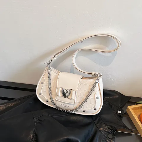 Französisch Retro Krokodilmuster PU Leder Umhängetasche Damen Mode Kette Herzschloss Baguette Handtasche Unterarmtasche