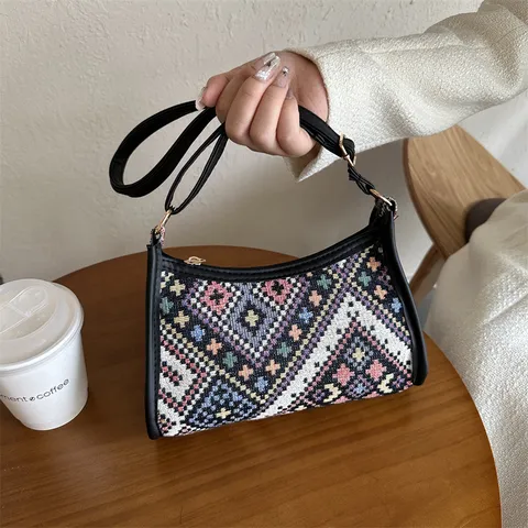 Damen Ethno Geometrisches Muster Gewebte Achseltasche Vintage Stil PU Lederbesatz Umhängetasche Tägliche Mode Handtasche