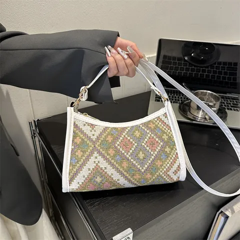Damen Ethno Geometrisches Muster Gewebte Achseltasche Vintage Stil PU Lederbesatz Umhängetasche Tägliche Mode Handtasche