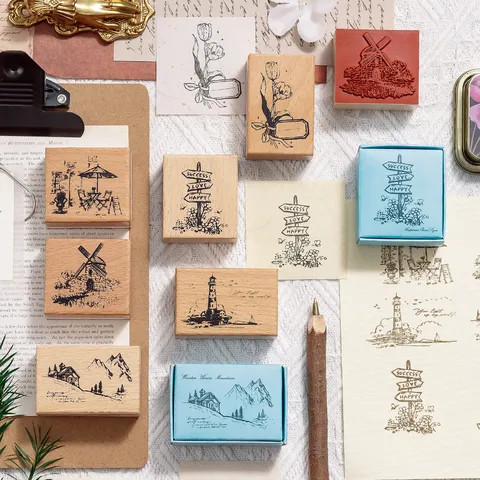 Vintage Beech Wood Rubber Stamp Wanderlight Series Landscape Botanical Decorative Stamps For DIY Scrapbooking Journaling Planner Arts Crafts