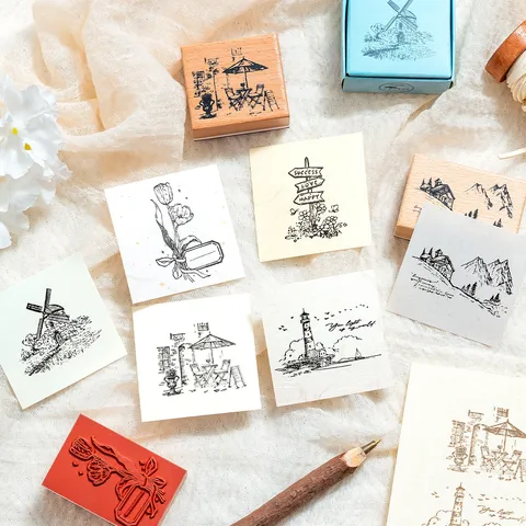 Vintage Beech Wood Rubber Stamp Wanderlight Series Landscape Botanical Decorative Stamps For DIY Scrapbooking Journaling Planner Arts Crafts