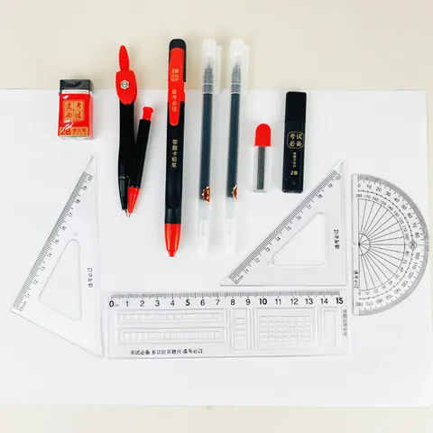Set de Papelería de Examen Suministros de Escritura de Prueba para Estudiantes Incluye Lápices Reglas Gomas Brújula Bolsa de PVC Plástico