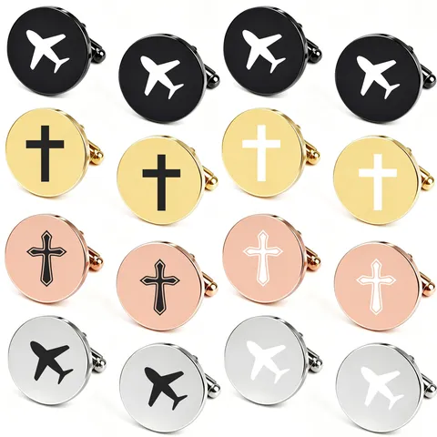 Men's French Stainless Steel Mirror Polished Cufflinks Laser Engraved Airplane Cross Patterns Formal Shirt Accessories Jewelry