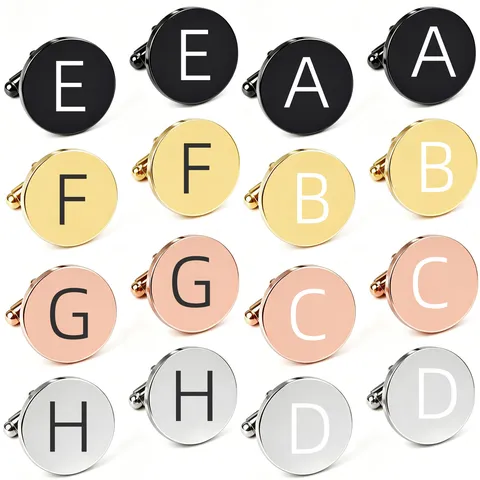 Stainless Steel Laser Alphabet Letter Round French Cufflinks Polished Mirror Men Business Shirt Cuff Link Jewelry Accessory