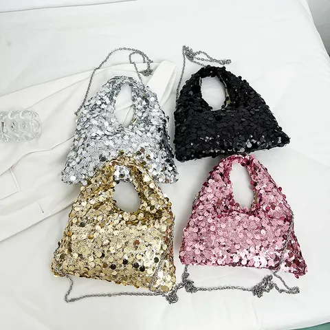 Trendy Women Sequin Bucket Bag With Metal Chain Strap Sparkly Evening Handbag Casual Versatile Crossbody Shoulder Bag