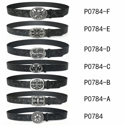 Ceinture en Cuir PU Sculpté Vintage Style Western Punk Boucle en Alliage Gaufré Sangle de Taille pour Hommes Femmes Accessoires Gothiques Floraux