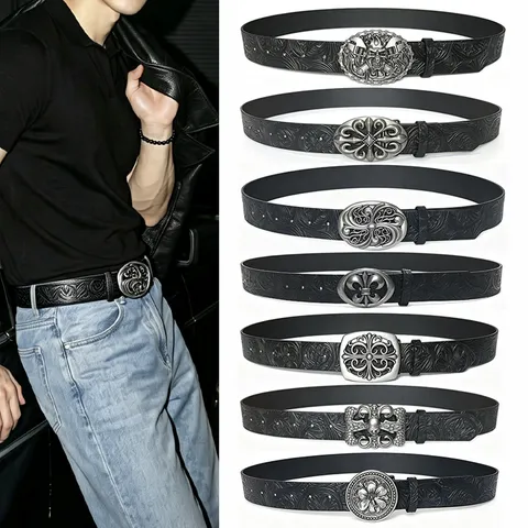 Ceinture en Cuir PU Sculpté Vintage Style Western Punk Boucle en Alliage Gaufré Sangle de Taille pour Hommes Femmes Accessoires Gothiques Floraux