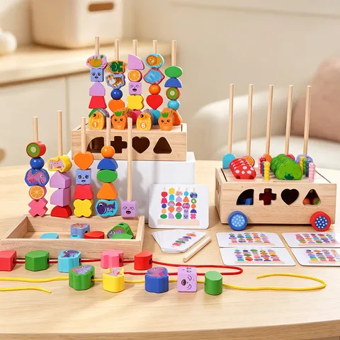 Montessori Wooden Educational Toys For Kids Fishing Stacking Column Bead Game Shapes Colors Recognition Preschool Learning Toy Set
