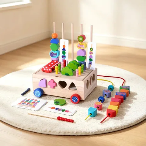 Montessori Wooden Educational Toys For Kids Fishing Stacking Column Bead Game Shapes Colors Recognition Preschool Learning Toy Set