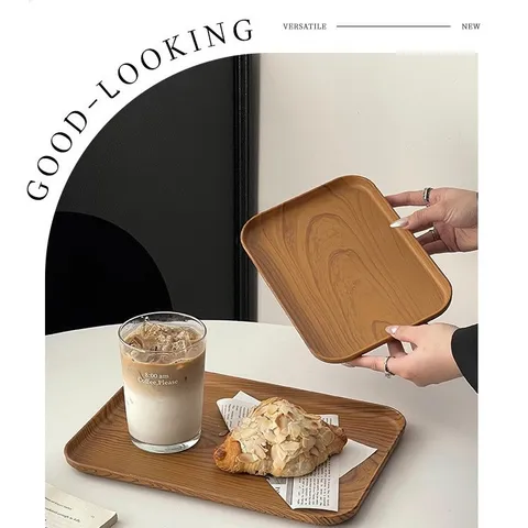 Minimalist Plastic Serving Tray Wood Grain Rectangular Dinner Plate For Household Cafe Dessert Storage