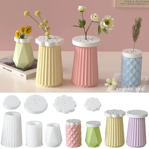 Moule en Silicone Pour Vase à Fleurs Plâtre Ciment Résine Époxy DIY Géométrique Rayé Forme Diamant Décoration Maison Fabrication