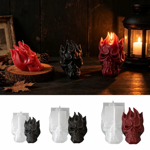 Halloween 3D Flamme Crâne Moule en Silicone Bricolage Bougie Aromathérapie Fabrication Gypse Résine Effrayant Squelette Tête Artisanat