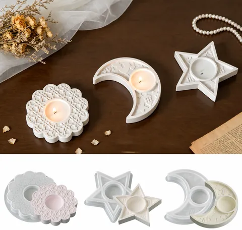 Moule en Silicone Pour Plateau Bougeoir Pentagramme Lune Floral DIY Plâtre Aromathérapie Bougeoir Base Moule en Résine