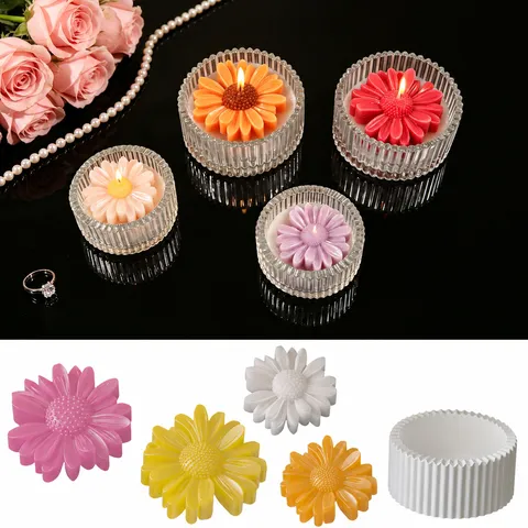 Moule en Silicone DIY Pot de Rangement Rond Rayé Tasse à Bougie Pot de Fleurs Pâquerette Aromathérapie Artisanat en Résine