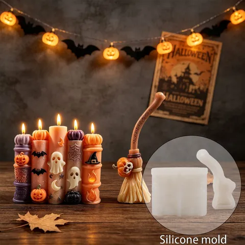 Moule en Silicone pour Bougie Chauffe-plat Fantôme Citrouille Chauve-souris d'Halloween DIY Aromathérapie Balai Tête de Mort Résine Époxy Décoration