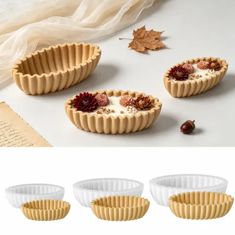 Molde de Silicona para Bandeja de Almacenamiento Ovalada con Borde Ondulado DIY Plato de Fruta Plisado Rayado Molde para Velas Herramienta de Resina