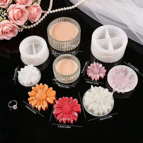 Moule en Silicone DIY Pot de Rangement Rond Rayé Tasse à Bougie Pot de Fleurs Pâquerette Aromathérapie Artisanat en Résine