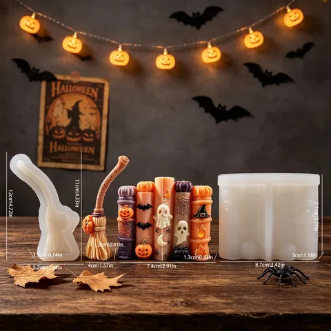 Moule en Silicone pour Bougie Chauffe-plat Fantôme Citrouille Chauve-souris d'Halloween DIY Aromathérapie Balai Tête de Mort Résine Époxy Décoration