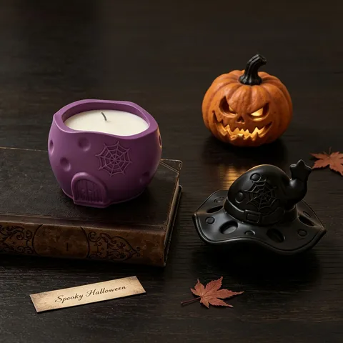 Moule en Silicone pour Bougeoir Maison Chapeau de Sorcière d'Halloween Contenant Arôme Toile d'Araignée Résine et Plâtre