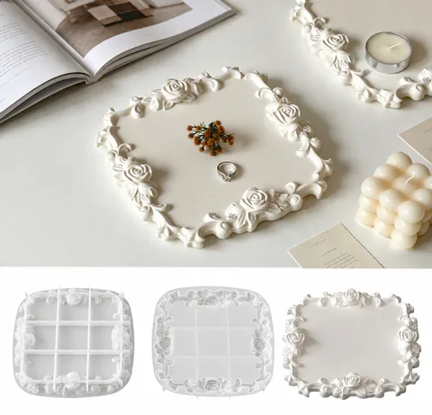 Vintage Rose Lace Tray Silicone Mold DIY Aromatherapy Plaster Resin Casting Mold Jewelry Storage Tray Making Mold